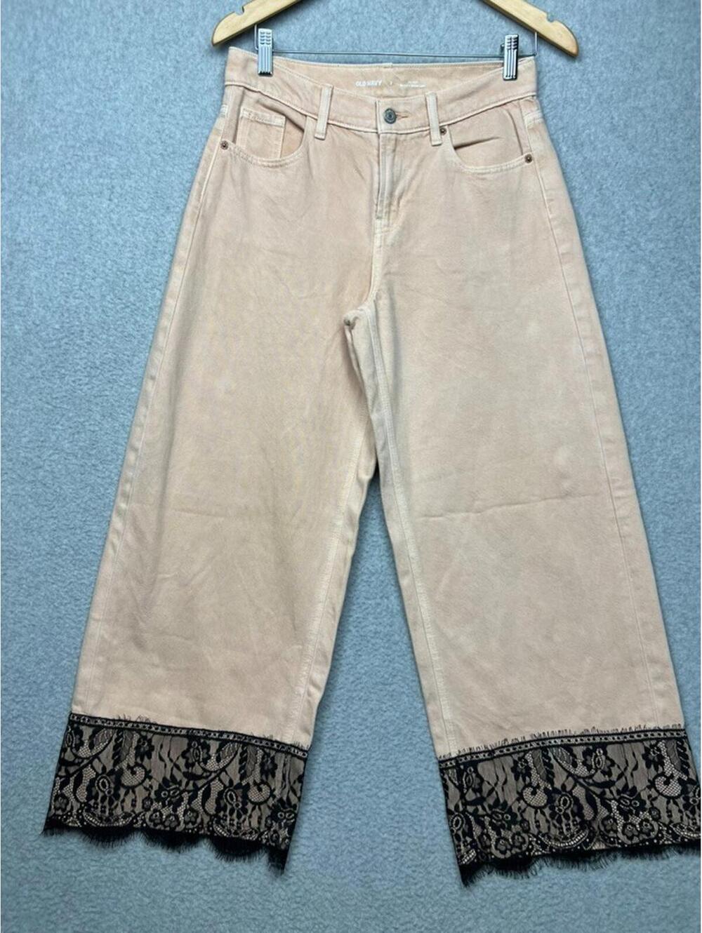 Old Navy Womens Lace Trim Baggy Wide Leg Crop Jeans Size 2 Boho Chic Peach